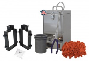 100 Oz QuikMelt TableTop Furnace Sand Casting Set with 10 Lbs of Petrobond, Tongs, Crucible, Cast Iron Mold Flask Frame, Parting Powder, & Flux