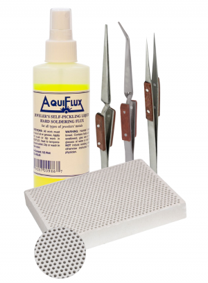 Soldering Precision Kit with Aquiflux Flux, Fiber Cross-Locking Tweezers, Fine-Tipped Tweezers, and Honeycomb Ceramic Block